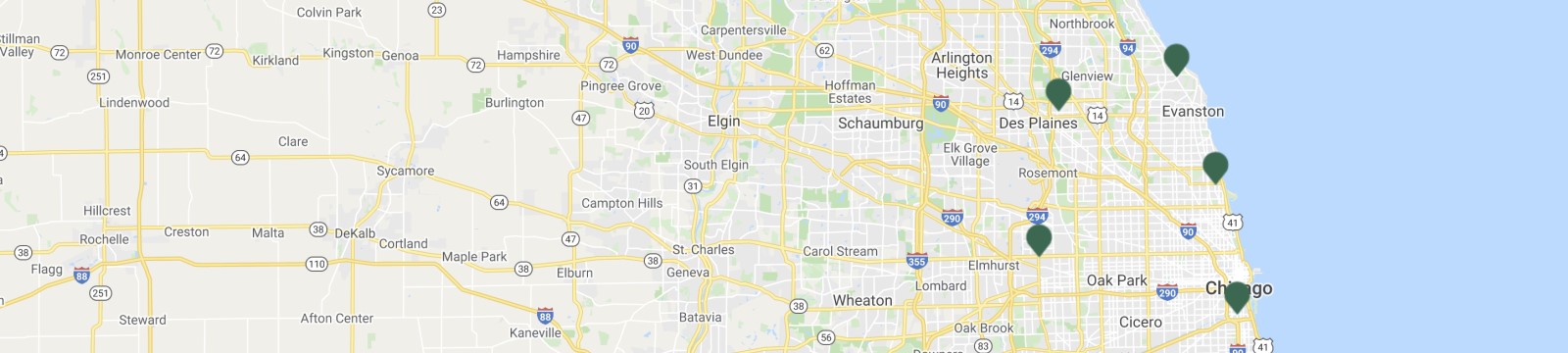 Google Map shows INBK's 5 locations in Great Chicago Area.